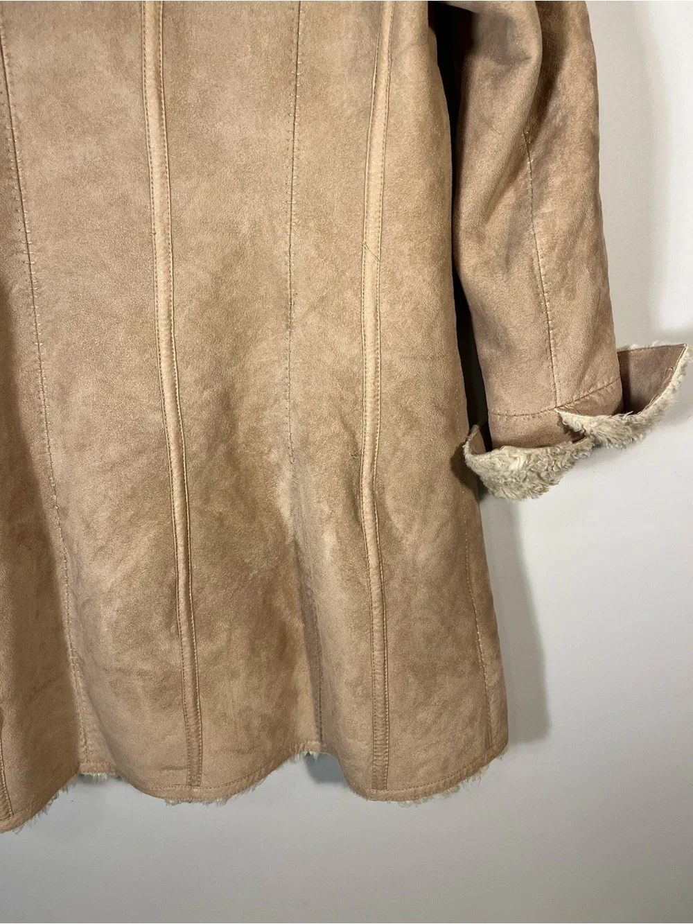 Mossimo Tan Faux Suede Coat Faux Fur Shearling Lining 70s Vintage Inspired
